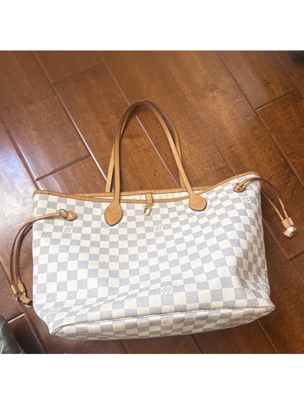 Louis Vuitton Damier Azur Neverfull Tote Beige Leather Authentic - Picture 3 of 15